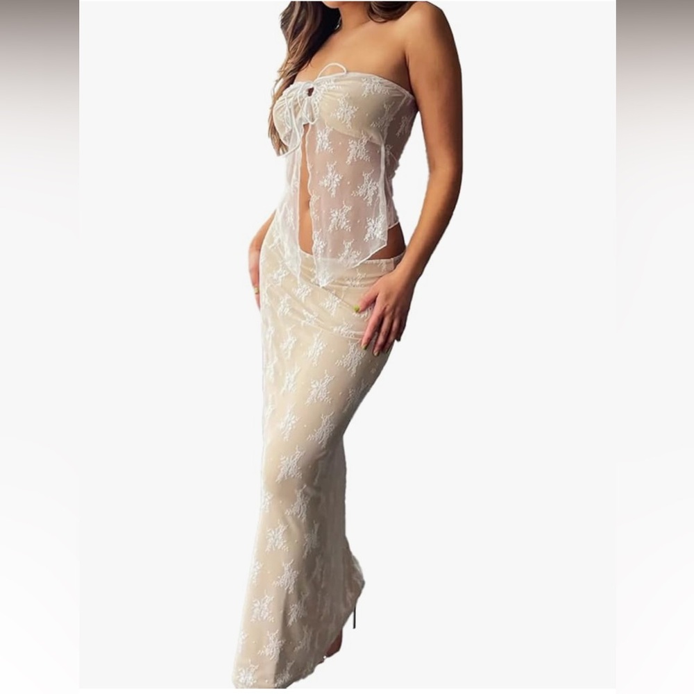 2 pc lace overlay maxi skirt and tie top set